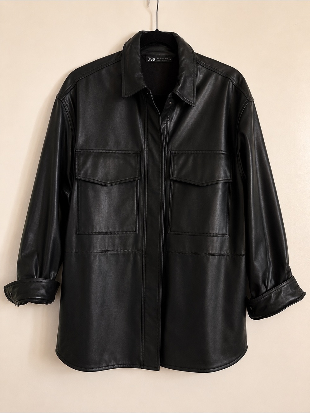 Zara Black Faux Leather Oversized Shirt Jacket
